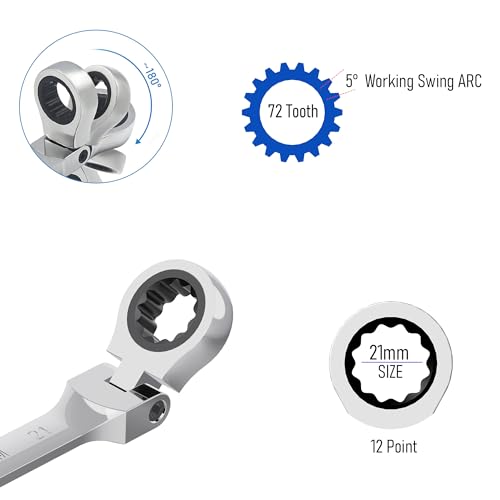 21mm Flex-Head Ratcheting Combination Wrench, 21mm Metric - size: 21mm