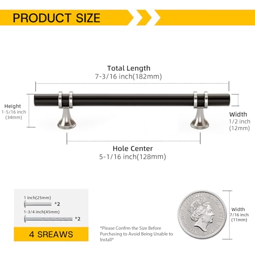 Rergy 10 Pack 5 Inch Hole Center Black and Silver Cabinet Pulls - color: Black&Brushed Nickel, size: 5-1/16in Hole Center(128mm)