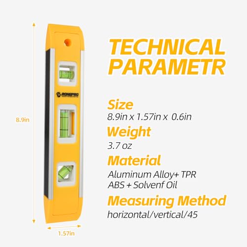 9 Inch Torpedo Level, Magnetic Box Level with 45°/90°/180° Bubbles, Shock Resistant Bubble Level Tool for Measuring - size: 1 PCS