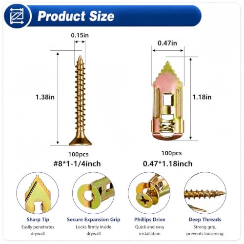 200Pcs Self Drilling Drywall Anchors with Screws Kit, No Drill Needed
