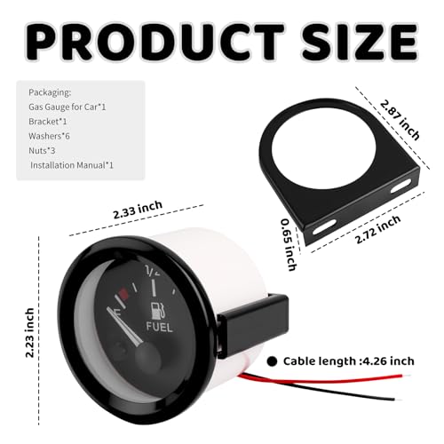 2 Inch 52mm Fuel Gauge for Car with E-1/2-F Pointer Dash,12V Gas Gauge Kit Includes Bracket,Nuts,240-33ohm Universal Fuel Level Gauges Meter Kit for Cars,SUVs,Motorcycle,Boats
