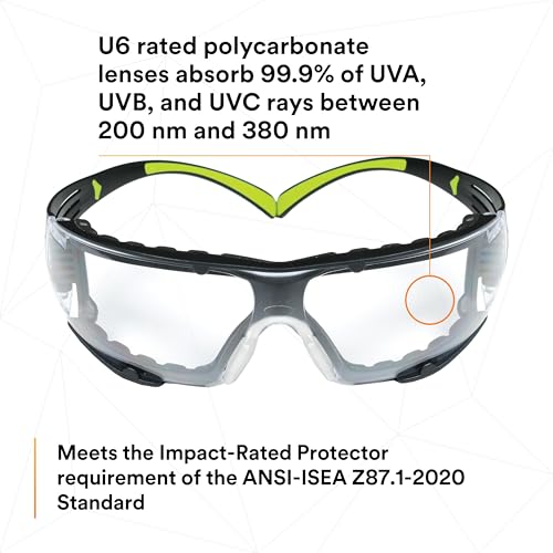 3M Safety Glasses, SecureFit 400, Clear Lens, Green/Black Frame,Foam Gasket - color: Clear Lens, Green/Black Frame With Gasket, size: Single, style: Anti-fog, Anti-scratch