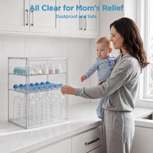 HBlife Baby Bottle Storage Organizer for Countertop Cabinet, 3 Tiers Adjustable Clear Acrylic Bottles Storage Station Case Box Container with 2 Removable Dividers and Magnetic Door, X-Large - size: X-Large, style: 3-Tier Single Door