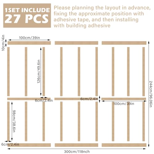 Weysat 1 Set Board and Batten Wall Panel Wainscoting Panel 118.11 X 96.06 Inch - size: 50.4"L x 8.7"W