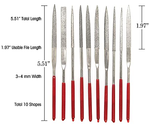 AUEAR, Set of 10 Pack Mini Diamond Needle File Barrette Crossing Knife Equaling Warding Square Three Round Tapered Half for Jewelers Glass Metal Wood