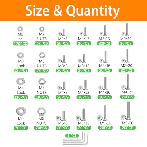 1273Pcs 410 Stainless Steel M2 M3 M4 M5 Screw Kit - 3D Printer Mini Screw, Allen Head/Flat Head/Countersunk Bolt/Screws, Metric Bolts Assortment, Silver Nuts and Bolts for Mechanical Hardware - size: M2/3/4/5-1273Pcs