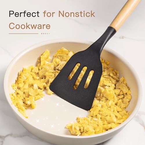 Astercook 39 PCS Kitchen Utensils Set, Silicone Cooking Utensil Sets with Wooden Handle, 446°F Heat Resistant Food Grade Spatula Set, BPA Free Kitchen Gadgets Tools Set & Spoons for Nonstick Cookware - color: Black