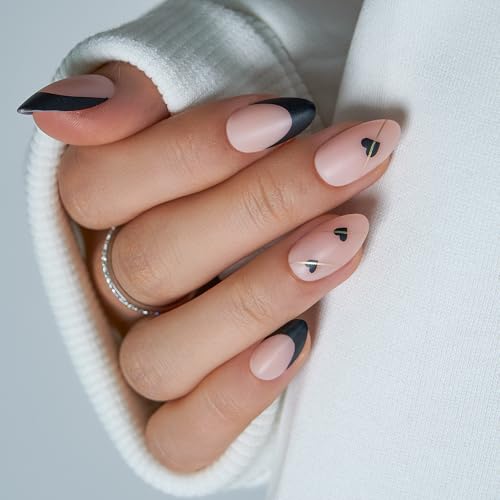CurvLife Matte Almond Press On Nails for Women, Nude Pink Black French Tip Fake Nails with Hearts, Medium Length Soft Gel Glue On Nails Kit with Nail Glue & Tools, Salon Quality Valentine’s Day Nails - color: C3 - French Line Almonds