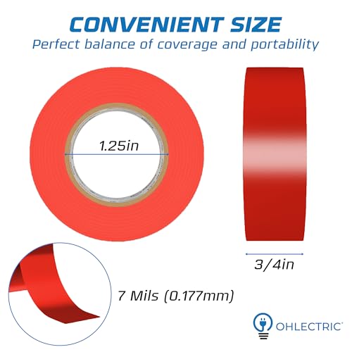 OHLECTRIC Professional Grade Vinyl Electrical Tape (10 Pack) Red - 7 Mil Thick Flame-Retardant, Heat & Weather Resistant 3/4 Inch x 60 Feet | Ideal for Contractors & Electricians - size: 10 Roll, style: Red