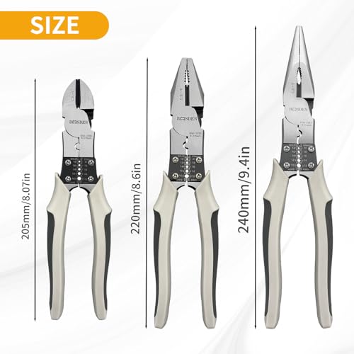 BOOSDEN 8 inch Pliers Set 3 Pcs, Linesman, Wire Cutters, Needle Nose Pliers - size: 3Pcs Multi-function Pliers