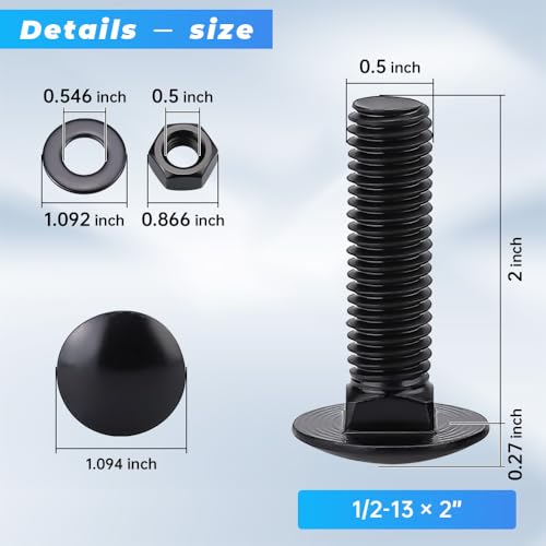 Glvaner (6 Sets) 1/2-13 x 2 Stainless Steel Carriage Bolts Screws Black and Hex Nuts & Flat Washers Black, Round Head Square Neck, 304 Stainless Steel 18-8, Full Thread Coverage - size: 1/2-13 x 2"