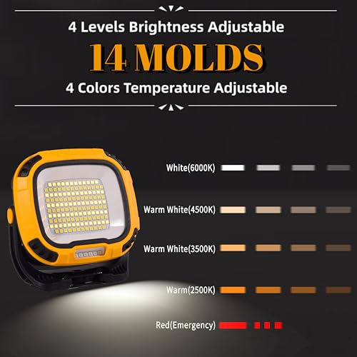 2 Pack Magnetic Work Light Rechargeable 5000 Lumens, 4 Brightness & 4 Color LED Flood Light, 36h Runtime, USB-A Output Port, Ipx4 Waterproof for Car Repair, Construction, Emergency, Garage, Hurricane - color: Yellow