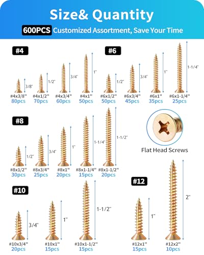 600Pcs Stainless Steel Zinc Plated Wood Screws Assortment Kit, #4#6#8#10#12 Phillips Flat Head Sheet Metal Screws Self Tapping Screws Set,Length 3/8" to 2" (Gold-Flat Head) - color: Gold