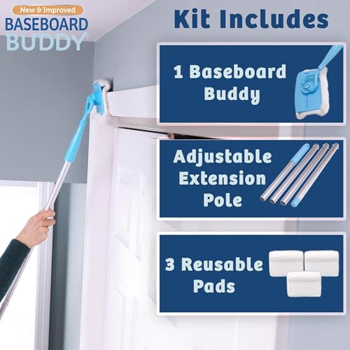 Baseboard Buddy | Lightweight Home Cleaning Essential, Perfect for Baseboards, Moldings & Walls, Glide & Wipe Trapping & Locking Dirt & Dust | As Seen on TV, (1 Baseboard Buddy & 3 Reusable Pads)