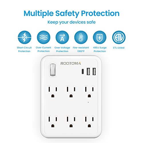 USB Wall Outlet Extender with On Off Switch, Surge Protector Outlet,6 AC Multi-Plug with 3 USB Ports (1 USB C), 490 Joules, Flat Socket Splitter with Spaced Outlet for Home, Office, College