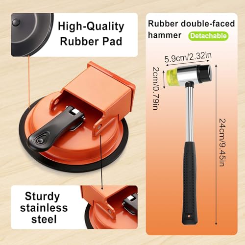 Wood Floor Gap Fixer Tool Kit, Heavy Duty Suction Cup Floor Tightener with 5 Reusable Sticky Pads & Rubber Mallet, Floor Seam Puller for Hardwood Laminate/Vinyl Installation & Repair