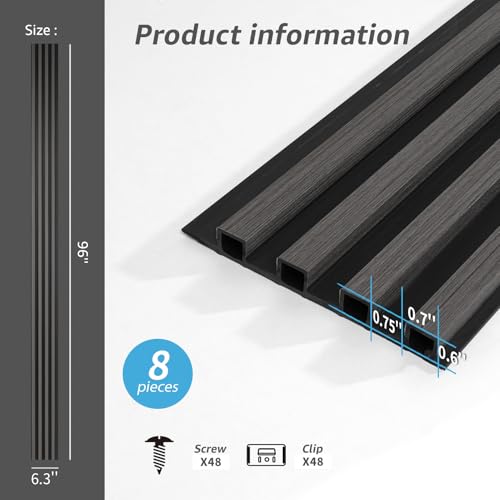 Art3d 96 x 6 Inch 3D Fluted Wood Textured Slat Wall Panels, 8-Pack, Grey - color: Grey, size: 96*6