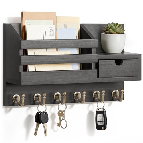 FifthQuarter Key Holder Wall Mount with Drawer and 6 Sturdy Hooks, A-Black - color: A-Black