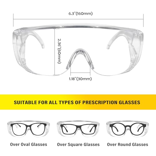 6 Pack Clear Safety Glasses Over Eyeglasses, ANSI Z87.1 Impact Resistant Polycarbonate Lens, Safety Goggles Over Glasses, Protective Eyewear for Lab, Construction, Outdoor Work - color: Clear Lens
