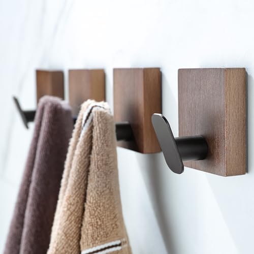 DELITON Adhesive Towel Hooks,Wall Hooks for bathrooms Without Drilling, Wood Wall Hooks for Hanging Robe, Towel, Bag Stick on Farmhouse Bathroom Bedroom Entryway 4 Packs Burned Brown - color: Dark Brown