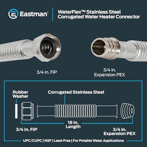 Eastman 18 Inch WaterFlex Expansion Water Heater Connector, 3/4 Inch FIP x 3/4 Inch Expansion PEX (F1960), Stainless Steel Corrugated Water Heater Supply Line, 438318 - size: 18 Inch