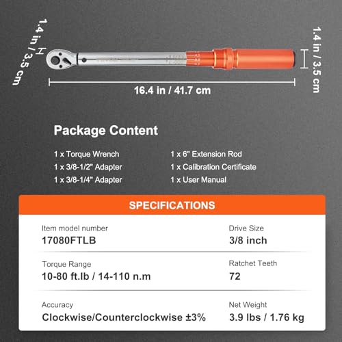 VEVOR Torque Wrench 3/8-inch Drive 10-80ft.lb/14-110n.m Click Torque Wrench - size: 3/8" 4 PCS