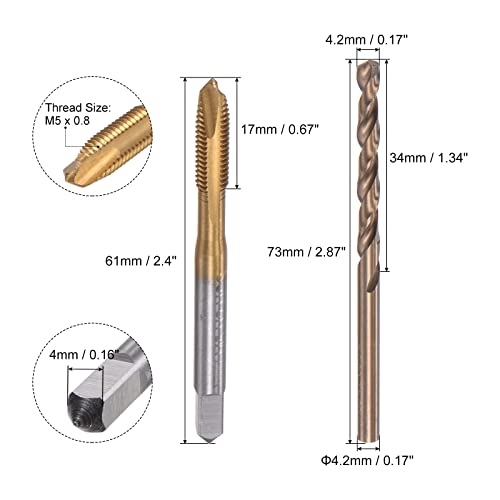 uxcell M5 x 0.8 Spiral Point Thread Tap and 4.2mm Drill Bit Set, Metric Titanium Plated Cobalt High Speed Steel Machine Screw Thread Tap Threading Tool - size: M5 x 0.8 + 4.2mm