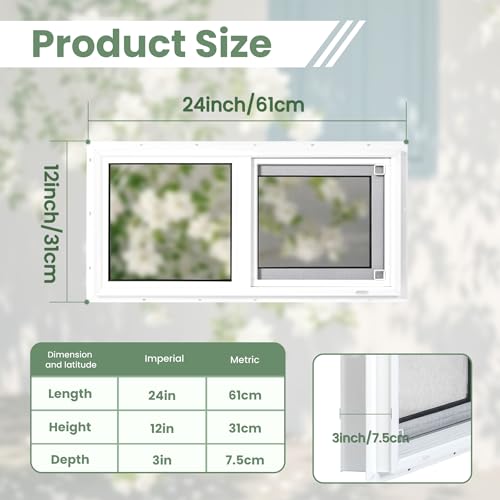 Vinyl Basement Window, Bathroom Sliding Window 24" x 12" White | Double Pane Insulated Tempered Glass and Fiberglass Screen for Basement, Bathroom, Shed - size: 24x12 IN