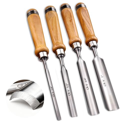 4-Pieces Woodworking Wood Chisel Set,CR-V Steel Sharp Curved Edge Gouge Firm Wood Handle Carpentry Gouge Tools 6mm(1/4")/12mm(1/2")/18mm(3/4")/25mm(1") - size: 4Pcs-4Sizes