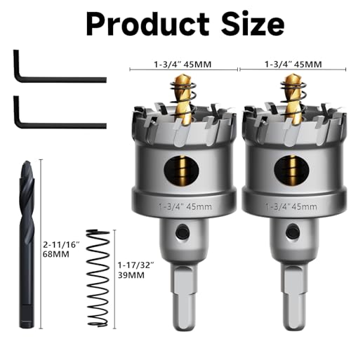 Metal Hole Saw 1-3/4''(45mm) 2Pcs Set Heavy Duty Tungsten Carbide Tipped Hole Cutters Set with a nitrided Step Drill and L-flench, for Steel Iron,Aluminum,Stainless stell,Plastic - size: 3/4''(45mm)-2PCS