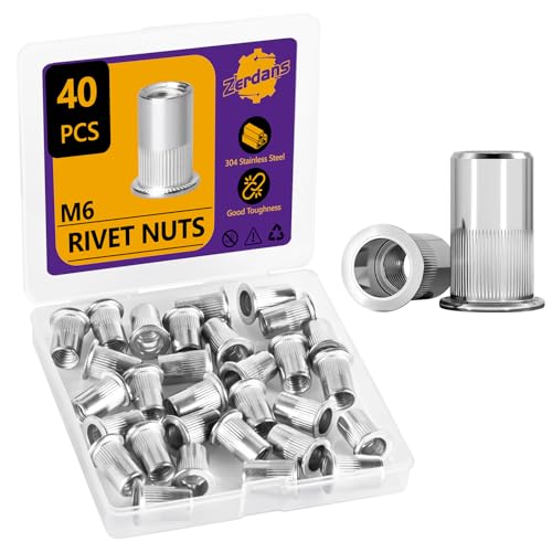40Pcs M6-1.0mm Rivet Nut Set Flat Head 304 Stainless Steel | High Ductility, For Auto, Furniture & Industrial Use, Storage Case Included. - size: 40Pcs-M6
