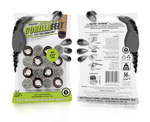 Slipstick GorillaFelt 3/4 Inch Chair Leg Floor Protectors/Felt Glides (Set of 16) Tap On Felt Furniture Pads Guaranteed to Stay On, Round Sliders, CB240-16 - size: 3/4 Inch 16 Pack