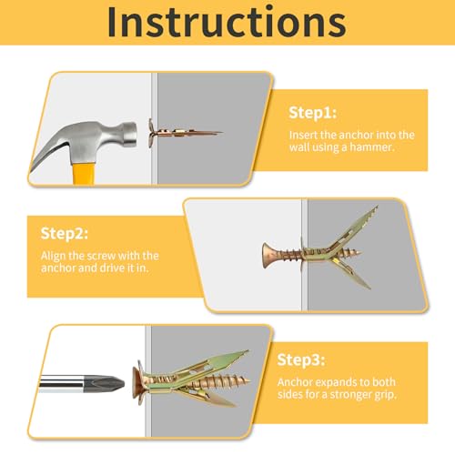 100Pcs Self Drilling Drywall Anchors and Screws Kit, Steel Wall Anchors and Screws for Heavy Duty, No Drill or Holes in Sheetrock Expansion Anchors - size: 0.47x1.18 inches