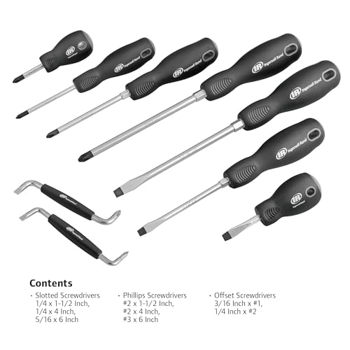 Ingersoll Rand 9-Piece Screwdriver Set, Slotted (1/4"x1.5", 1/4"x4", 5/16"x6"), Phillips (#2x1.5", #2x4", #3x6"), Offset (3/16"x#1, 1/4"x#2) – SVCM Steel, Magnetized Tips, Hex Bolsters – 752059X - style: Screwdriver