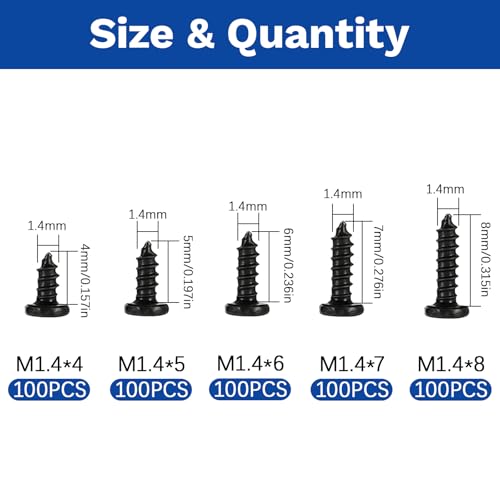 500Pcs M1.4 Phillips Pan Head Self-Tapping Wood Screws, 5 Sizes Cross Recessed Round Head Self Tapper Screws Assortment Kit for Wood, Plastic and Soft Metal, Carbon Steel, Sharp Point - size: M1.4x4/5/6/7/8-500Pcs