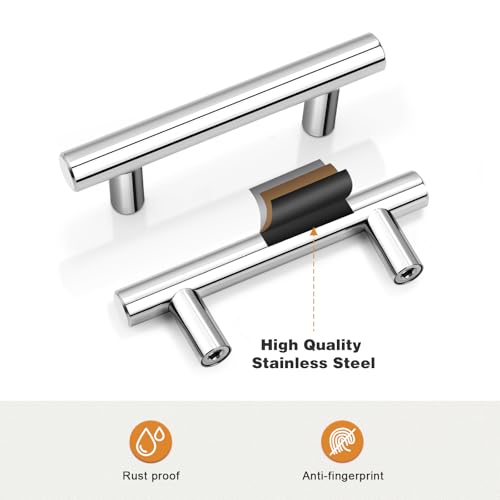 Probrico 5Pack | 2-1/2" Hole Centers Kitchen Cabinet Pulls Polished Chrome, Modern Euro Round T Bar Stainless Steel Cabinet Pulls, Chrome Handles for Cabinet and Drawers 4" Length - color: Polished Chrome, size: hole center 2-1/2"