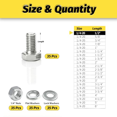 35 Sets 1/4-20x1/2 Bolt and Nut Set, Flat & Lock Washers Included,140PCS | 304 Stainless Steel 1/4-20 Bolt, Precision Fasteners Mechanical Assembly Equipment Repair & DIY - size: 1/4-20x3/4" 30sets
