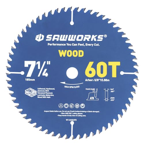 SawWorks 7-1/4" 60T Thin Kerf Circular Saw Blade Woodworking Fine Finish - size: 7-1/4 In 60T