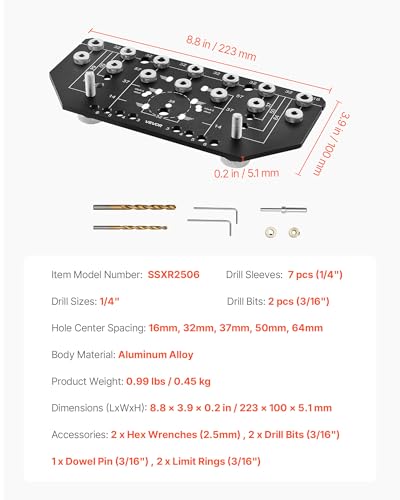 VEVOR Shelf Pin Jig and Hinge Jig Two-in-One, Aluminum Alloy Cabinet Hardware Hole Drilling Template with 1/4" and 3/16" Drill Bits, for Cabinet Doors Bookshelves Wardrobes Woodworking and DIY - size: Pro, style: Shelf Pin & Hinge Jig