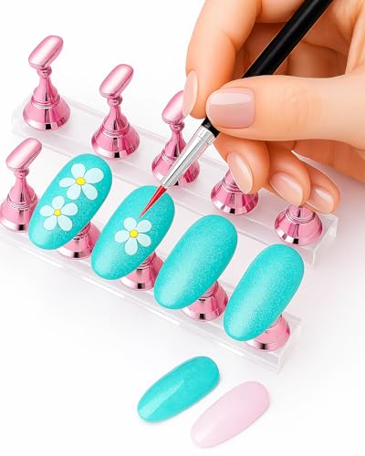 Nail Art Tools Set – 15pcs Pink Nail Art Brushes, 5pcs Dual-Ended Dotting Pens, 10 Nail Stands with 2 Bases, Nail Art Palette, Double-Sided Tape & Adhesive Tabs for DIY Nail Design