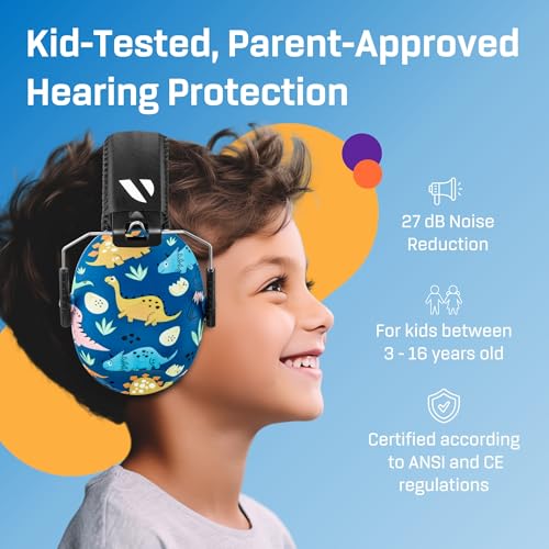 Kids Noise Canceling Headphones - 33 dB (2K Hz) - Ear Protection Earmuffs | Vanderfields' earmuffs protect child's hearing with certified noise-cancellation, soft ear cushions, and adjustable headband - color: Dinosaur Club