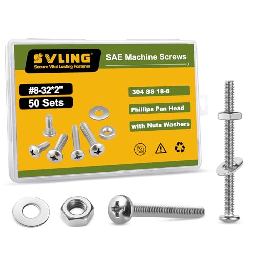 #8-32 x 2 Pan Head Machine Screws Nut Bolt Washer Assortment Kit,(50 Sets) 304 Stainless Steel 18-8 Phillips Drive Full Thread Assorted - size: #8-32 x 2"