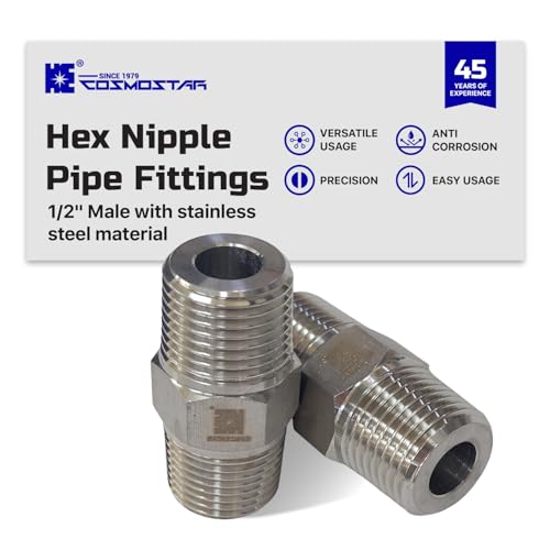 Cosmostar 2 PCS 1/2" Male Hex Nipple Pipe Fittings, 304 Stainless Steel NPT Threaded Pipe Connector, Durable Pipe Adapter for Plumbing & Industrial Use - size: 1/2" NPT-2pcs