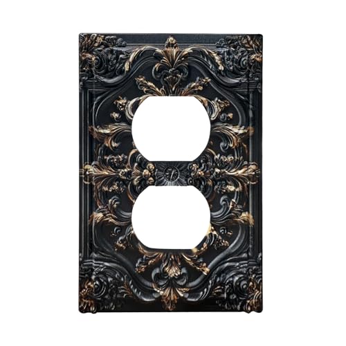 Decorative Outlet Covers Black Gold Flower Elegant 3D Floral Embossed 1 Gang Duplex Light Switch Cover Plate Unique Wall Plate Electrical Switch Plate Covers for Bedroom Home Decor - color: Black Gold 01, size: 1-Gang Duplex Outlet/ 5 x 3 IN