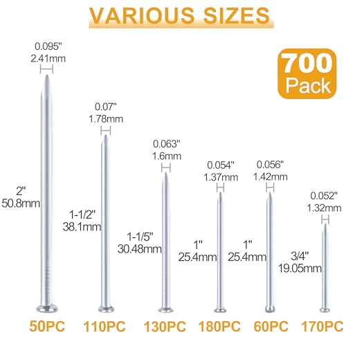 KURUI 700pcs Hardware Nails for Hanging Pictures, Up to 2"-Long Finish Nails Assortment Kit for Wall Art Decor, 640 Frame Nails and 60 Small Finishing Nails for Drywall Wood - Silver Picture Hangers - color: Silver