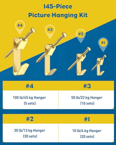 Uniclife 145 Pcs Picture Hanging Kit, 10 lb, 30 lb, 50 lb, 100 lb Heavy Duty Picture Hangers for Drywall & Wood, Picture Hanging Hooks, Frame Hooks for Hanging Photos Mirrors Paintings - size: 145 Pcs, style: Gold