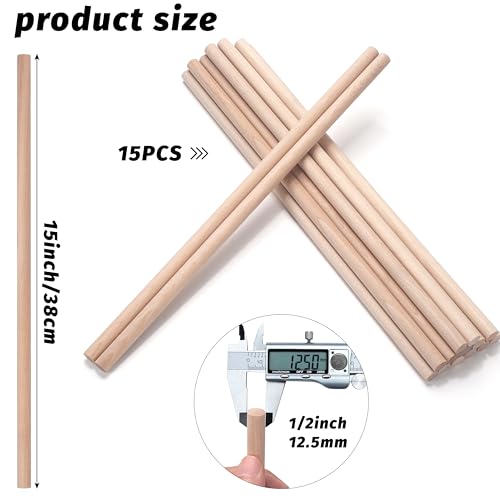 ONUPGO 15Pcs 1/2" x 15" Hardwood Craft Dowel Rods, Unfinished Natural Round Wood Sticks, Straight Smooth Surface Without Burr - size: 1/2"x15"Dowels-15 PCS