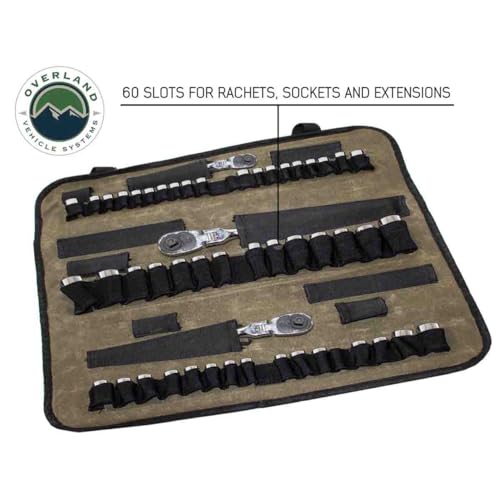 Overland Vehicle Systems Rolled Socket Organizer Storage Bag - #16 Premium Waxed Canvas - Storage for 50 sockets and 10 extra storage pockets for Ratchets