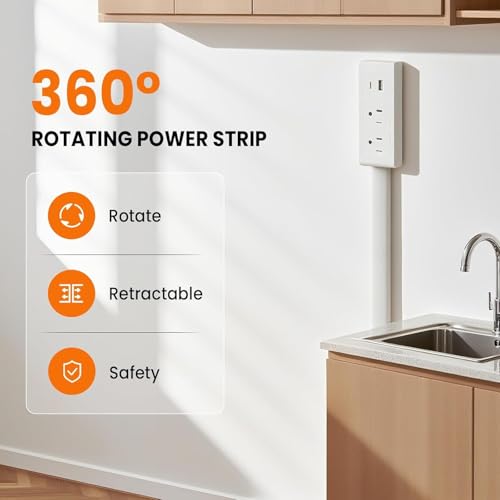 Electrical Outlet Extender Stick,180° Rotating Extendable Wall Outlet for Hard to Reach Places,Rotating Plug Power Hub for Bedroom, Living Room, Office
