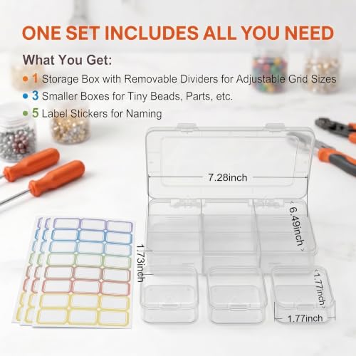 9 Grids Bead Organizer with Adjustable Dividers, 2.28"x1.92" Each Grid, Plus 3 Mini Storage Box for Jewelry, Fishing Hooks, Arts & Crafts, Office Supplies - color: Clear-M